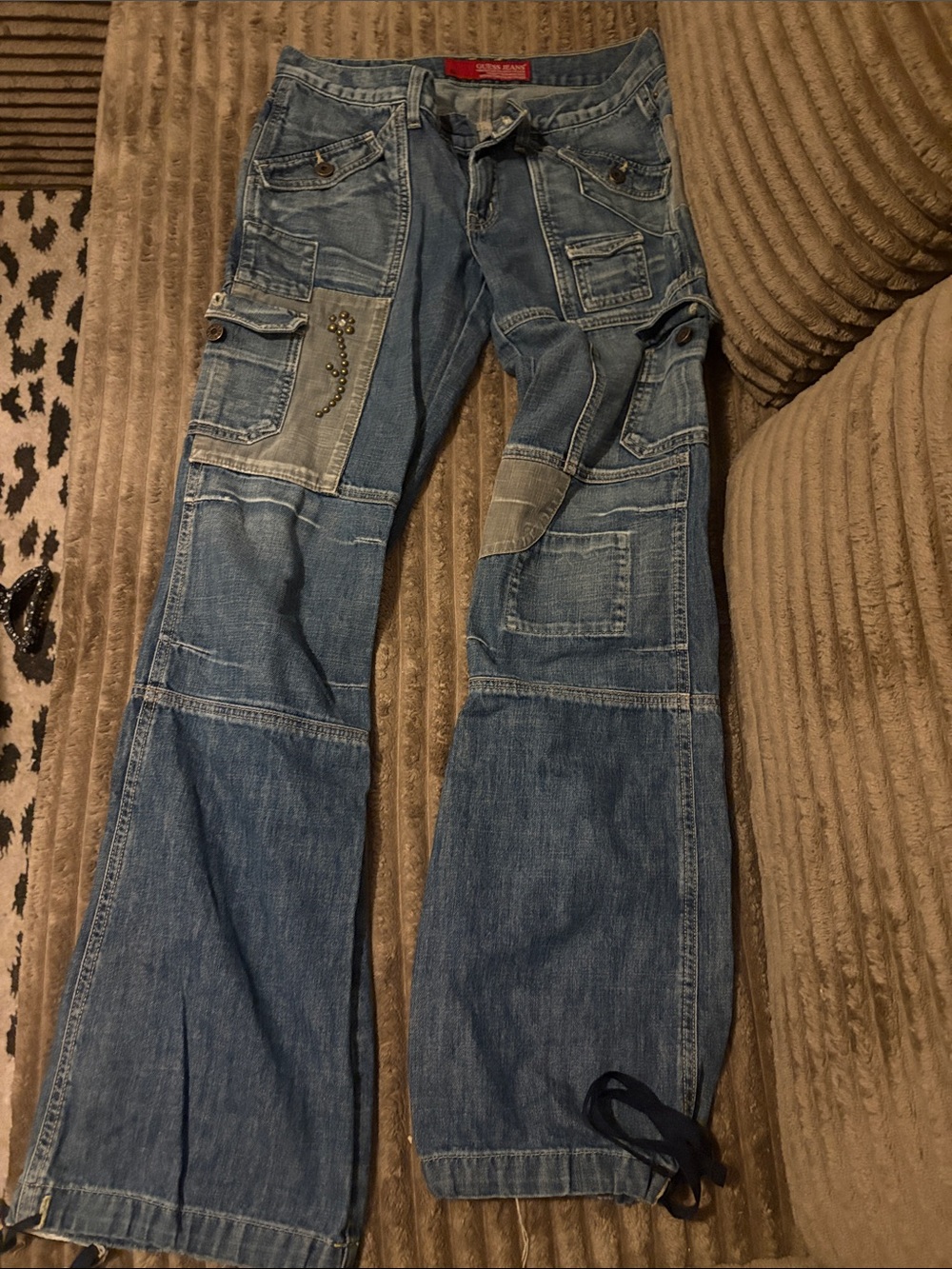 Guess Men's Patchwork Bootcut Jeans in Light Blue Denim
